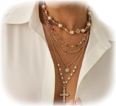Colorful Rhinestone Pearl Choker Necklace,Festival Rave Multi Layered Crystal Cross Pendant Chest Chain Jewelry Long Tassel Pearl Sunflower Clavicle Chain Necklace for Women in Kuwait