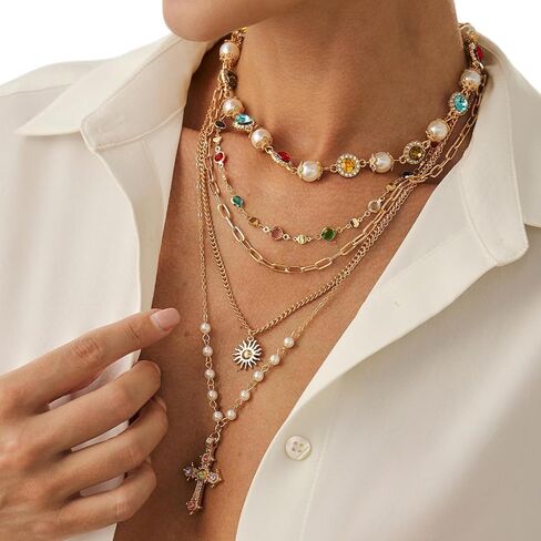 Colorful Rhinestone Pearl Choker Necklace,Festival Rave Multi Layered Crystal Cross Pendant Chest Chain Jewelry Long Tassel Pearl Sunflower Clavicle Chain Necklace for Women in Kuwait
