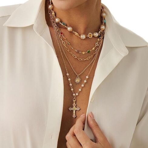 Colorful Rhinestone Pearl Choker Necklace,Festival Rave Multi Layered Crystal Cross Pendant Chest Chain Jewelry Long Tassel Pearl Sunflower Clavicle Chain Necklace for Women in Kuwait