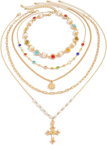 Colorful Rhinestone Pearl Choker Necklace,Festival Rave Multi Layered Crystal Cross Pendant Chest Chain Jewelry Long Tassel Pearl Sunflower Clavicle Chain Necklace for Women in Kuwait