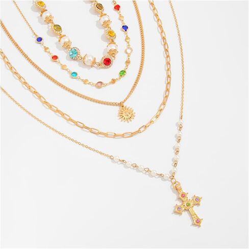 Colorful Rhinestone Pearl Choker Necklace,Festival Rave Multi Layered Crystal Cross Pendant Chest Chain Jewelry Long Tassel Pearl Sunflower Clavicle Chain Necklace for Women in Kuwait