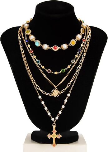 Colorful Rhinestone Pearl Choker Necklace,Festival Rave Multi Layered Crystal Cross Pendant Chest Chain Jewelry Long Tassel Pearl Sunflower Clavicle Chain Necklace for Women in Kuwait
