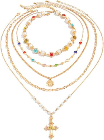Colorful Rhinestone Pearl Choker Necklace,Festival Rave Multi Layered Crystal Cross Pendant Chest Chain Jewelry Long Tassel Pearl Sunflower Clavicle Chain Necklace for Women in Kuwait
