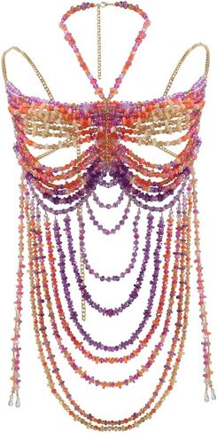 Women's Layered Beaded Halter Bikini Top Sleeveless Backless Beach Cover Up Tops Bra Body Chain Handmade Accessories in Kuwait