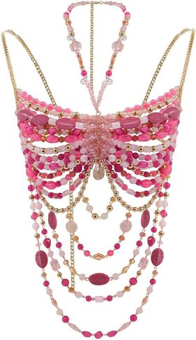 Women's Layered Beaded Halter Bikini Top Sleeveless Backless Beach Cover Up Tops Bra Body Chain Handmade Accessories in Kuwait