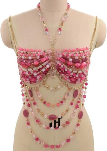 Women's Layered Beaded Halter Bikini Top Sleeveless Backless Beach Cover Up Tops Bra Body Chain Handmade Accessories in Kuwait