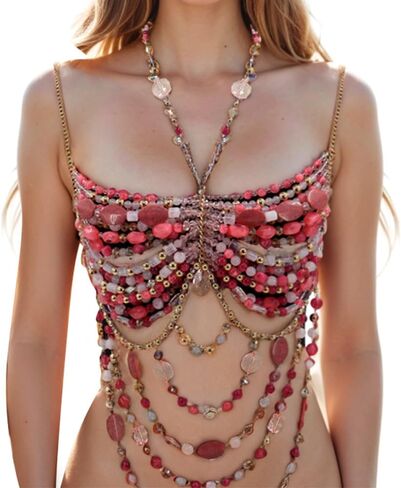 Women's Layered Beaded Halter Bikini Top Sleeveless Backless Beach Cover Up Tops Bra Body Chain Handmade Accessories in Kuwait