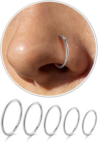 Titanium Nose Ring Hoop earrings Set for Women Men, 5 Sizes 20G Silver Nose Rings for Sensitive Skin, Small Thin Nose Hoop Nostril Piercing, Cartilage Earrings Helix Tragus Septum Clicker Piercing Jewelry, 5–9mm in Saudi Arabia