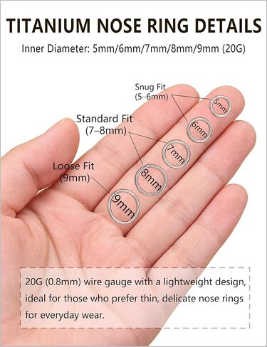 Titanium Nose Ring Hoop earrings Set for Women Men, 5 Sizes 20G Silver Nose Rings for Sensitive Skin, Small Thin Nose Hoop Nostril Piercing, Cartilage Earrings Helix Tragus Septum Clicker Piercing Jewelry, 5–9mm in Saudi Arabia