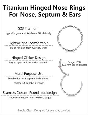 Titanium Nose Ring Hoop earrings Set for Women Men, 5 Sizes 20G Silver Nose Rings for Sensitive Skin, Small Thin Nose Hoop Nostril Piercing, Cartilage Earrings Helix Tragus Septum Clicker Piercing Jewelry, 5–9mm in Saudi Arabia
