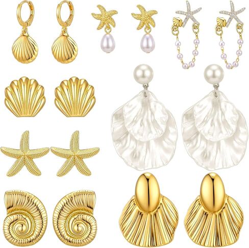 Nosiny 8 Pairs Chunky Gold Beach Earrings for Women Statement Starfish Seashell Flower Summer Earring Fashion Jewelry Set in Kuwait