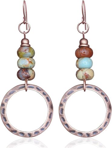 Boho Earrings for women, Hammered Copper Earrings, Bohemian Beaded Gemstone Rustic Jewelry, African Opal Earrings Handmade in Saudi Arabia