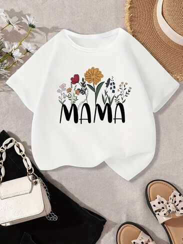 تي شيرت للفتيات من عمر 8 إلى 11 سنة، تي شيرت بأكمام قصيرة مطبوع عليه زهور من Mama، قمصان صيفية كاجوال للفتيات الصغيرات in Kuwait