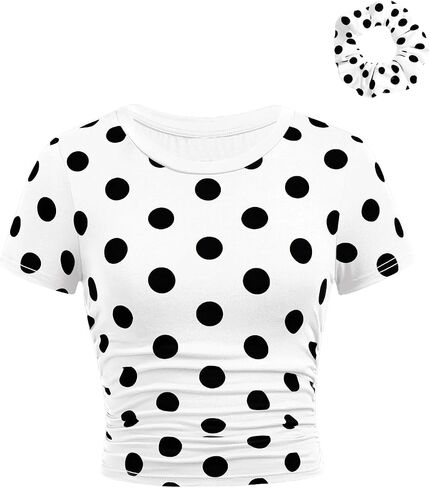 SOLY HUX Girl's Polka Dots Short Sleeve T Shirt Crew Neck Ruched Slim Fitted Tee Summer Tops with Hair Ties in Kuwait