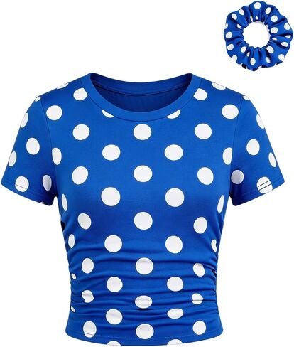 SOLY HUX Girl's Polka Dots Short Sleeve T Shirt Crew Neck Ruched Slim Fitted Tee Summer Tops with Hair Ties in Kuwait