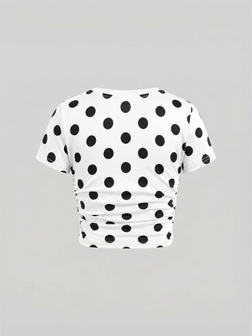SOLY HUX Girl's Polka Dots Short Sleeve T Shirt Crew Neck Ruched Slim Fitted Tee Summer Tops with Hair Ties in Kuwait
