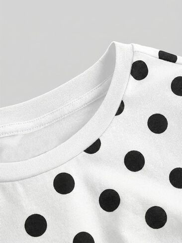 SOLY HUX Girl's Polka Dots Short Sleeve T Shirt Crew Neck Ruched Slim Fitted Tee Summer Tops with Hair Ties in Kuwait