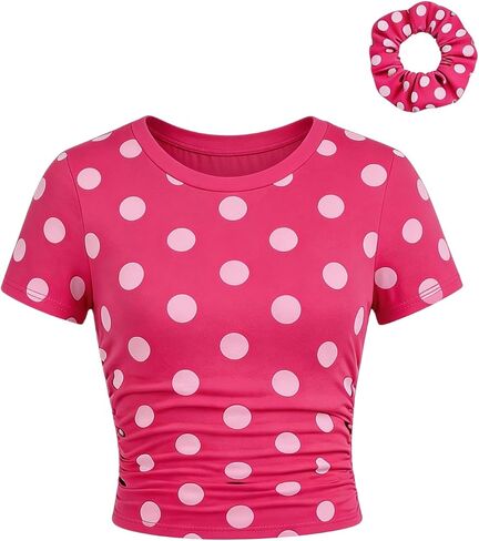 SOLY HUX Girl's Polka Dots Short Sleeve T Shirt Crew Neck Ruched Slim Fitted Tee Summer Tops with Hair Ties in Kuwait