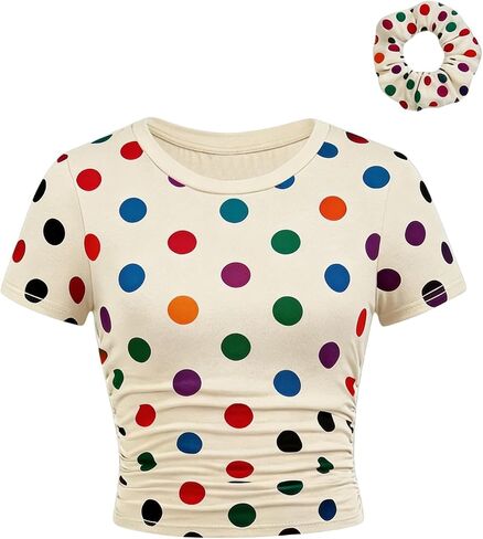 SOLY HUX Girl's Polka Dots Short Sleeve T Shirt Crew Neck Ruched Slim Fitted Tee Summer Tops with Hair Ties in Kuwait