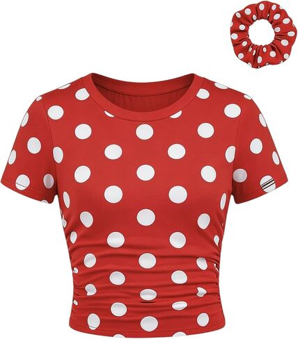 SOLY HUX Girl's Polka Dots Short Sleeve T Shirt Crew Neck Ruched Slim Fitted Tee Summer Tops with Hair Ties in Kuwait
