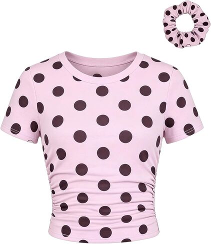 SOLY HUX Girl's Polka Dots Short Sleeve T Shirt Crew Neck Ruched Slim Fitted Tee Summer Tops with Hair Ties in Kuwait