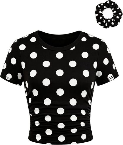 SOLY HUX Girl's Polka Dots Short Sleeve T Shirt Crew Neck Ruched Slim Fitted Tee Summer Tops with Hair Ties in Kuwait