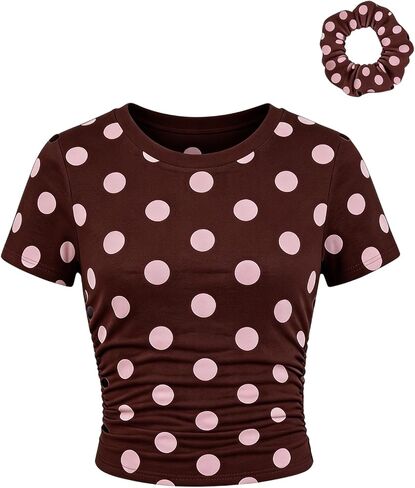 SOLY HUX Girl's Polka Dots Short Sleeve T Shirt Crew Neck Ruched Slim Fitted Tee Summer Tops with Hair Ties in Kuwait