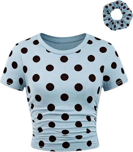 SOLY HUX Girl's Polka Dots Short Sleeve T Shirt Crew Neck Ruched Slim Fitted Tee Summer Tops with Hair Ties in Kuwait