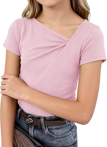 Girls Asymmetrical Neck Short Sleeve T-Shirts Summer Casual Ruched Solid Color Tee 5-13 Years in Saudi Arabia