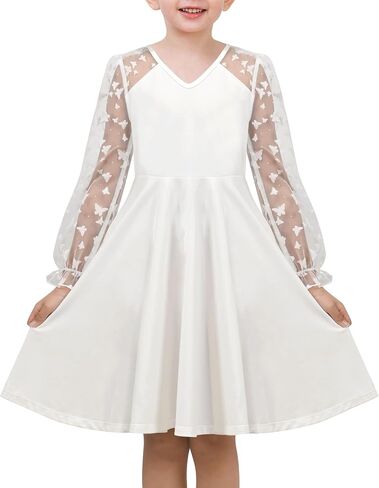 Sunny Fashion Girls Dress Black Floral Lace Sheer Mesh Long Sleeve Hollow V-Back in Kuwait
