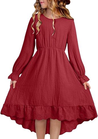 Cotton Dresses for Girls Long Sleeve Casual Dress High Low Crochet Hem Gauze Dress Cute Midi Smocked Dresses Age 4-15 in Kuwait