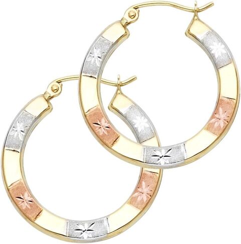 Ioka - 14K Tri Color Gold Diamond Cut Hoop Hinged Earrings in Kuwait