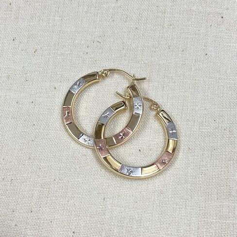 Ioka - 14K Tri Color Gold Diamond Cut Hoop Hinged Earrings in Kuwait