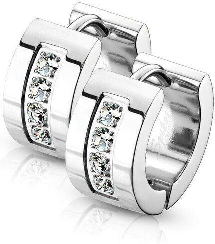 Pair of Hoop Earring with Multiple Cubic Zirconia Stones Stainless Steel Hinge Action 20g in Kuwait