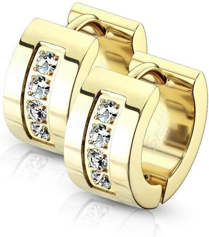 Pair of Hoop Earring with Multiple Cubic Zirconia Stones Stainless Steel Hinge Action 20g in Kuwait