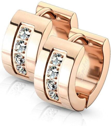 Pair of Hoop Earring with Multiple Cubic Zirconia Stones Stainless Steel Hinge Action 20g in Kuwait