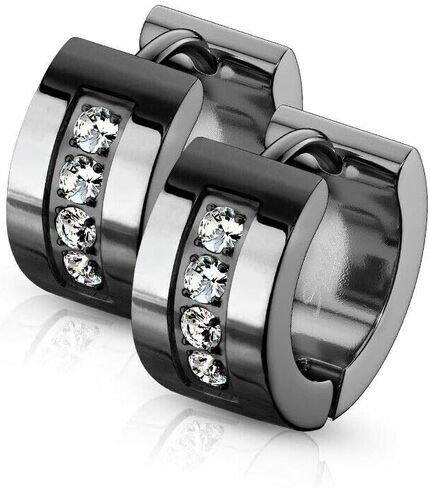 Pair of Hoop Earring with Multiple Cubic Zirconia Stones Stainless Steel Hinge Action 20g in Kuwait