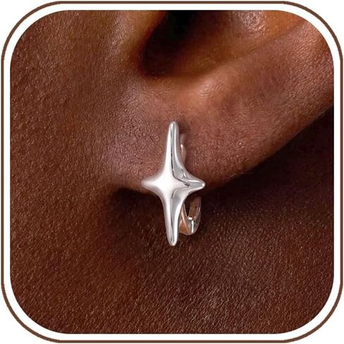 Earrings for Men - 14K Gold Plated Star/Cubic Zirconia Cross/Double Hoop Huggie Earrings, Mens Simple Cartilage Helix Piercing Jewelry in Saudi Arabia