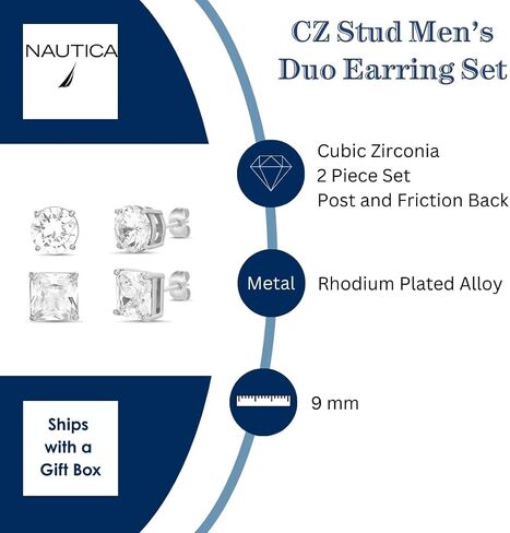 Nautica 9-10 mm Round and Princess Cut CZ Stud Earrings for Men Rhodium Plated Alloy in Kuwait