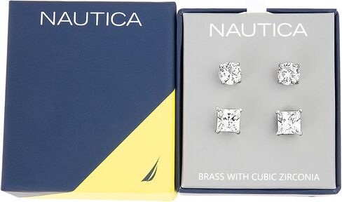 Nautica 9-10 mm Round and Princess Cut CZ Stud Earrings for Men Rhodium Plated Alloy in Kuwait