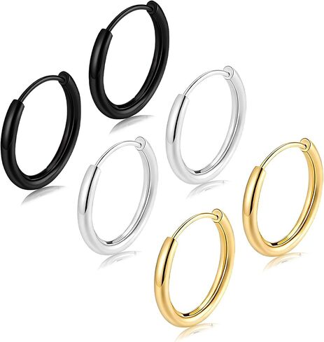 NEWITIN 3 Pairs Stainless Steel Hoop Earrings for Men Hypoallergenic Earring Huggie Cartilage Earring Set Gold Silver Black Small Hoop Earrings Piercing Jewelry for Women Men in Kuwait
