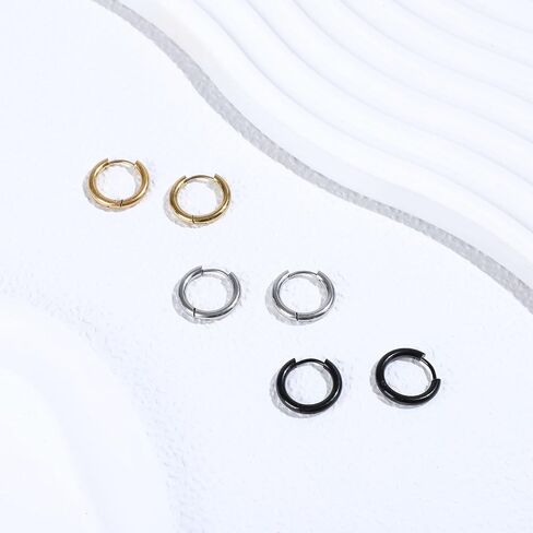 NEWITIN 3 Pairs Stainless Steel Hoop Earrings for Men Hypoallergenic Earring Huggie Cartilage Earring Set Gold Silver Black Small Hoop Earrings Piercing Jewelry for Women Men in Kuwait
