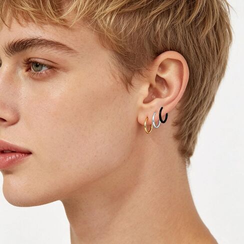 NEWITIN 3 Pairs Stainless Steel Hoop Earrings for Men Hypoallergenic Earring Huggie Cartilage Earring Set Gold Silver Black Small Hoop Earrings Piercing Jewelry for Women Men in Kuwait