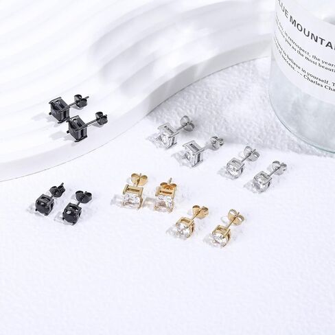 NEWITIN 6 Pairs Stainless Steel Stud Earrings for Men Hypoallergenic Earring 5A+ Cubic Zirconia Studs Earring 18K Gold Plated CZ Diamond Halo Earrings for Women Men in Kuwait