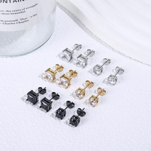 NEWITIN 6 Pairs Stainless Steel Stud Earrings for Men Hypoallergenic Earring 5A+ Cubic Zirconia Studs Earring 18K Gold Plated CZ Diamond Halo Earrings for Women Men in Kuwait