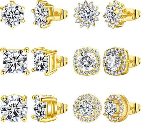 NEWITIN 6 Pairs Stainless Steel Stud Earrings for Men Hypoallergenic Earring 5A+ Cubic Zirconia Studs Earring 18K Gold Plated CZ Diamond Halo Earrings for Women Men in Kuwait