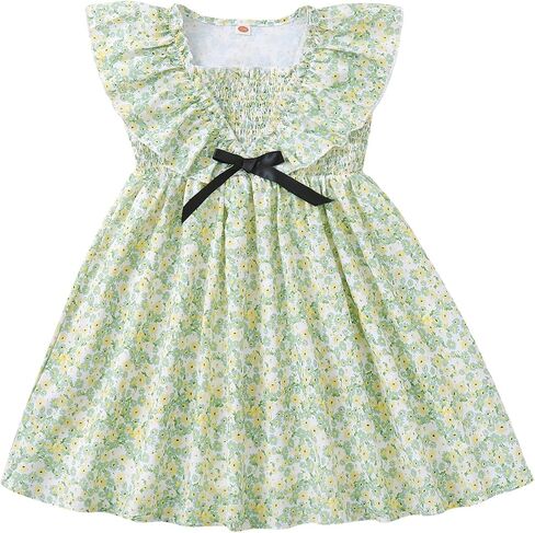 Girls Casual Dress Ruffle Sleeve Dresses Floral Print Sundress Casual A-Line Princess Skirt for Kids 4-12Y in Saudi Arabia