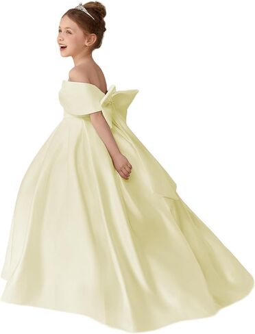 Girls Satin Flower Girl Dress Off the Shoulder Bow Ball Gown with Train for Wedding Pageant 2-14 in Saudi Arabia