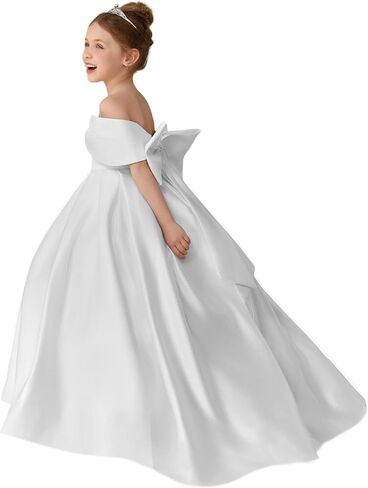 Girls Satin Flower Girl Dress Off the Shoulder Bow Ball Gown with Train for Wedding Pageant 2-14 in Saudi Arabia