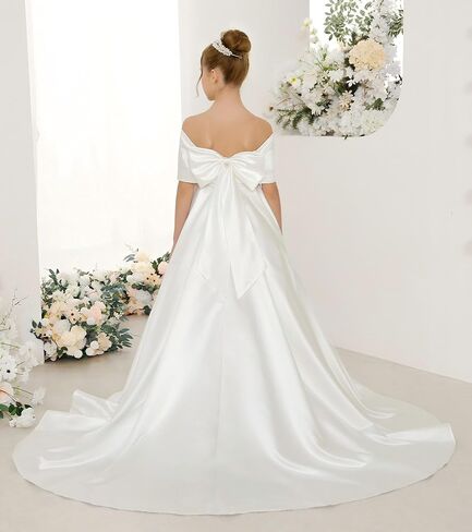 Girls Satin Flower Girl Dress Off the Shoulder Bow Ball Gown with Train for Wedding Pageant 2-14 in Saudi Arabia